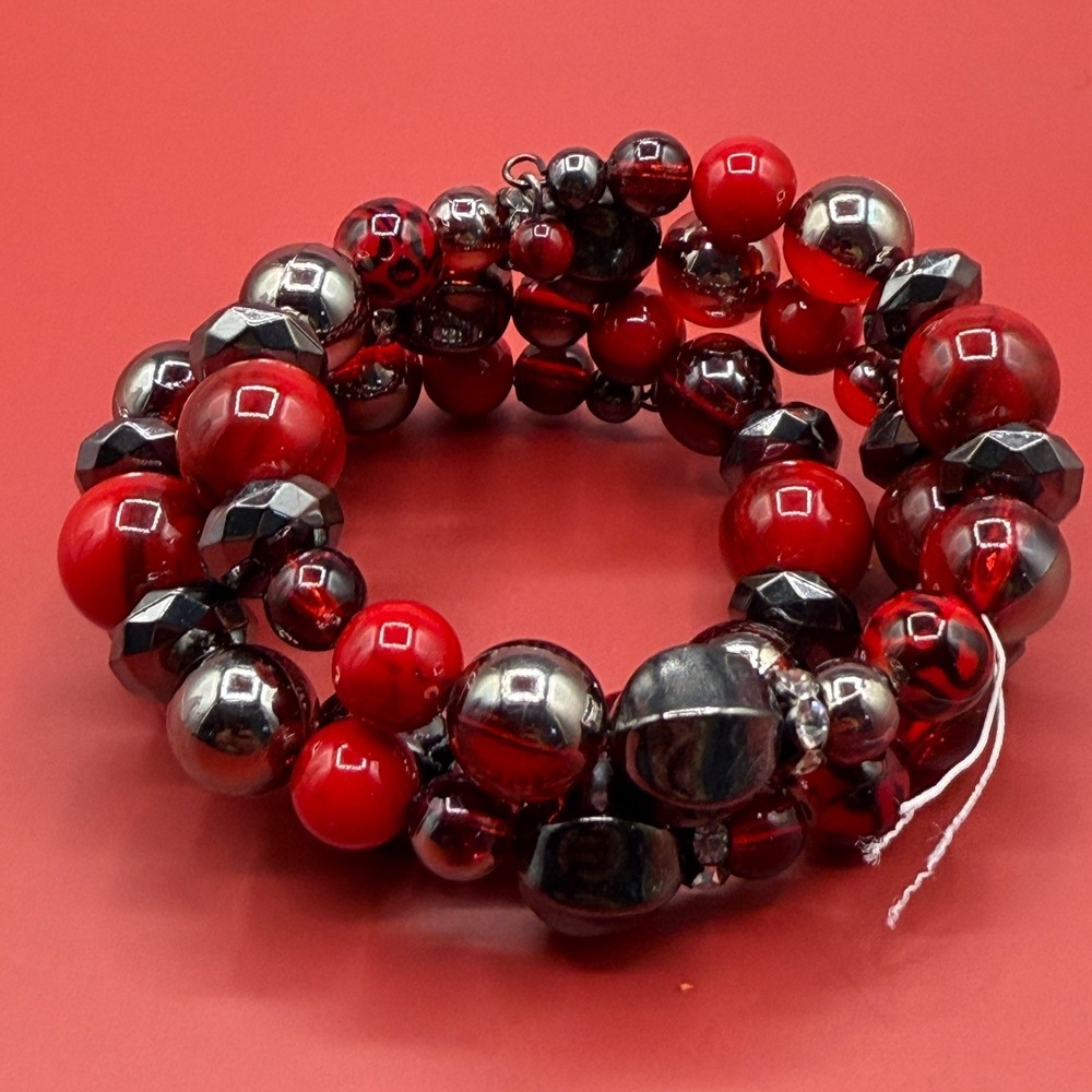 Red Black Memory Wire Bracelet Gunmetal Beads Chunky Gothic Statement Vintage